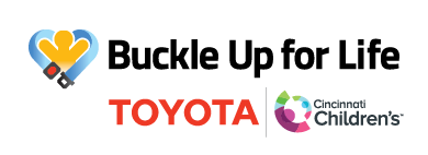 Buckle Up for Life Logo child with seat belt in heart shape includes Toyota and Cincinnati Children's logos too