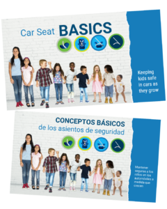 This is a graphic illustration showing that Car Seat Basics online learning is available in English and Spanish.